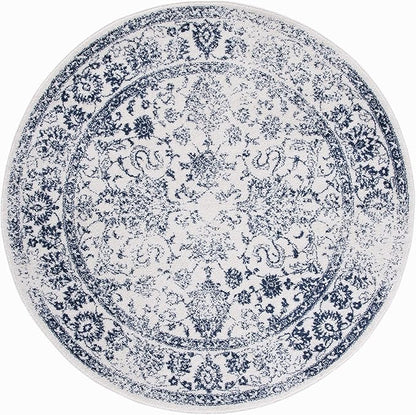 SAFAVIEH Adirondack Collection Area Rug - 6' Round, Ivory & Navy, Distressed Vintage Floral Design, Non-Shedding & Easy to Clean, Ideal for Living Room, Bedroom, Dining Space (ADR109M)