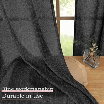 Simplebrand Black Faux Linen Textured Semi Sheer Curtains 72 Inches Long 2 Panels Set, Light Filtering Privacy Farmhouse Curtains, Soft Window Drapes Rod Pocket Top for French Door, Bedroom, 40W x 72L