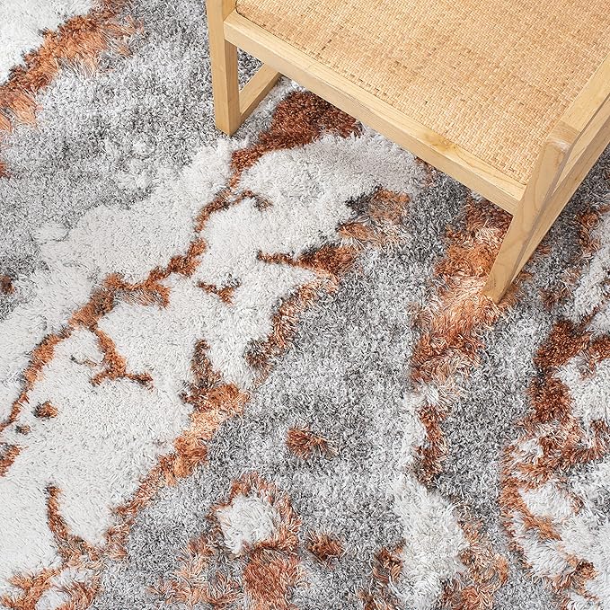 SAFAVIEH Horizon Shag Collection Area Rug - 6'7" Round, Grey & Rust, Modern Abstract Design, Non-Shedding & Easy Care, 2-inch Thick Ideal for High Traffic Areas in Living Room, Bedroom (HZN890P)
