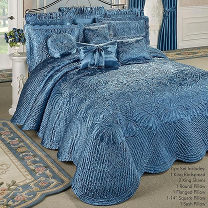 Touch of Class Portia Luxury Bedding | Sapphire | Quilted Polyester Satin | Romantic Hand Guided Machine Quilted Scroll Design 7 Piece Set with King Bedspread, 2 King Shams, 4 Pillows