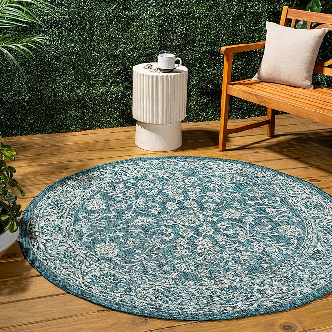 JONATHAN Y Weave Floral Indoor Outdoor Round Area Rug 3 Ft Teal/Gray, Tela Bohemian Textured for Backyard, Patio, Porch, Easy-Cleaning, High Traffic, Pet-Friendly, Non-Shedding (SMB100C-3R)