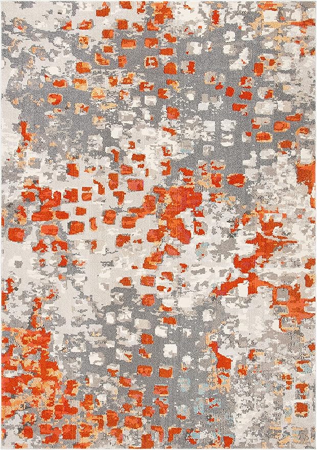 SAFAVIEH Monaco Collection Area Rug - 8' x 11', Grey & Orange, Boho Chic Abstract Watercolor Design, Non-Shedding & Easy Care, Ideal for High Traffic Areas in Living Room, Bedroom (MNC225H)