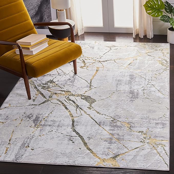 SAFAVIEH Amelia Collection Area Rug - 3' Square, Grey & Gold, Modern Abstract Design, Non-Shedding & Easy Care, Ideal for High Traffic Areas in Living Room, Bedroom (ALA293G)