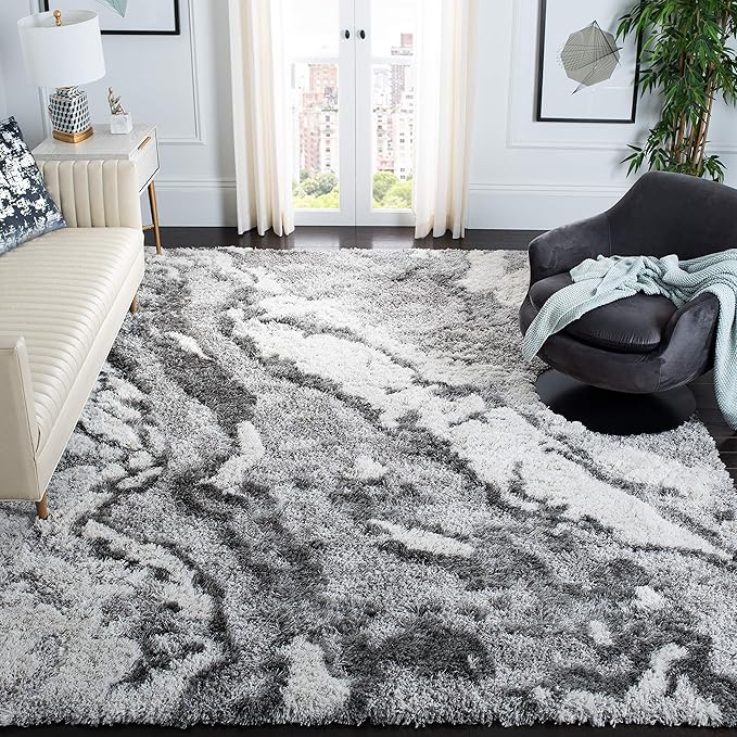SAFAVIEH Horizon Shag Collection Area Rug - 10' Square, Grey & Ivory, Modern Abstract Design, Non-Shedding & Easy Care, 2-inch Thick Ideal for High Traffic Areas in Living Room, Bedroom (HZN890F)