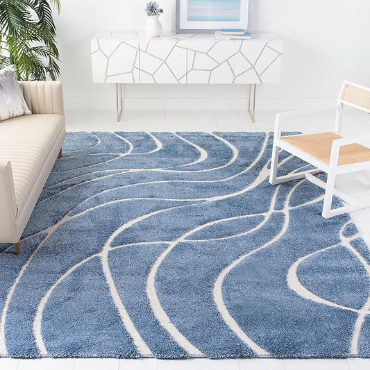 SAFAVIEH Florida Shag Collection Area Rug - 8'6" x 12', Light Blue & Cream, Non-Shedding & Easy Care, 1.2-inch Thick Ideal for High Traffic Areas in Living Room, Bedroom (SG471-6011)