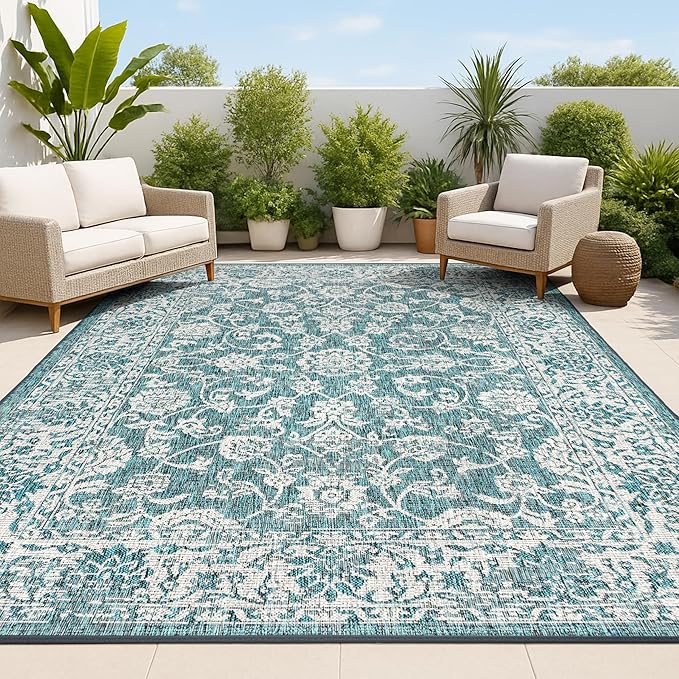 JONATHAN Y Weave Floral Indoor Outdoor Area Rug 6X9 Teal/Gray, Tela Bohemian Textured for Backyard, Patio, Porch, Easy-Cleaning, High Traffic, Pet-Friendly, Non-Shedding (SMB100C-6)