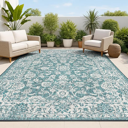 JONATHAN Y Weave Floral Indoor Outdoor Area Rug 6X9 Teal/Gray, Tela Bohemian Textured for Backyard, Patio, Porch, Easy-Cleaning, High Traffic, Pet-Friendly, Non-Shedding (SMB100C-6)