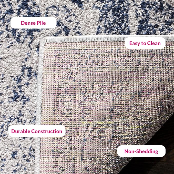SAFAVIEH Area Rug 8x10 - Adirondack Collection - Large - Grey & Navy, Distressed Vintage Floral Design, Non-Shedding & Easy Cleaning, Ideal for Living Room, Bedroom, Dining Space (ADR109P)