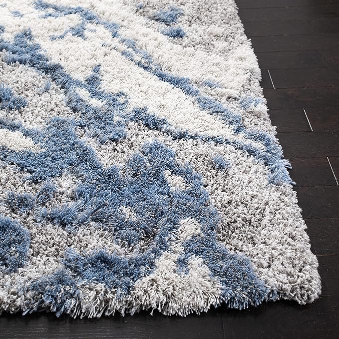 SAFAVIEH Horizon Shag Collection Runner Rug - 2' x 13', Grey & Blue, Modern Abstract Design, Non-Shedding & Easy Care, 2-inch Thick Ideal for High Traffic Areas in Living Room, Bedroom (HZN890G)