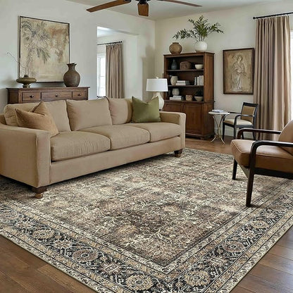 Vintage Area Rug 6x9 Brown Washable Living Room Large Carpet Non Slip Bedroom Indoor Office Low Pile Traditional Distressed Retro Accent Rug for Dining Room Kitchen