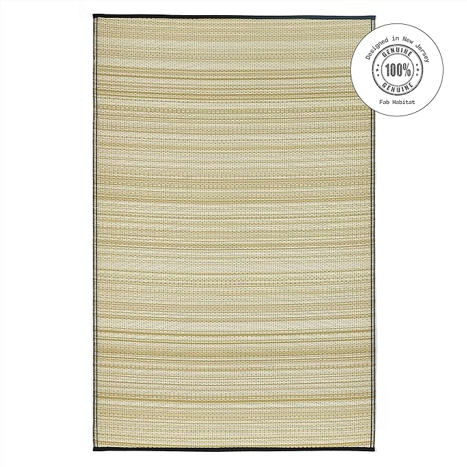 Fab Habitat Striped Neutral Outdoor Rug - Waterproof, Fade Resistant, Crease-Free, Reversible - Premium Recycled Plastic - Patio Porch Balcony Deck - Cancun Shadow SandBlack - 8x10 ft