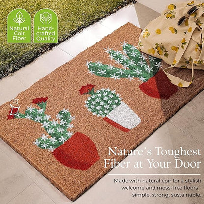 Coir Door Mats 17" X 30", Non-Slip Sturdy, PVC Backed Heavy Duty, Easy to Clean, Ideal for Door Entrance, Patio, Porch, Backyard, Garages, Sparkling Cactus
