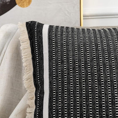 OJIA Modern Throw Pillow Cover with Tassels, Decorative Liana Fringe Accent Cushion Case, Farmhouse Woven Pillowcase for Sofa Chair Couch Bed Decor (Lumbar 18 x 18 Inches, Black)
