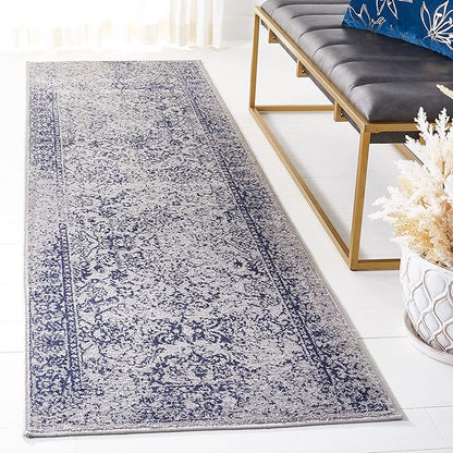 SAFAVIEH Adirondack Collection Runner Rug - 2'6" x 12', Grey & Navy, Distressed Vintage Floral Design, Non-Shedding & Easy to Clean, Ideal for Hallway, Foyer, Entryway, Bedroom (ADR109P)