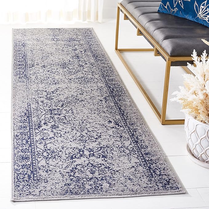 SAFAVIEH Adirondack Collection Runner Rug - 2'6" x 10', Grey & Navy, Distressed Vintage Floral Design, Non-Shedding & Easy to Clean, Ideal for Hallway, Foyer, Entryway, Bedroom (ADR109P)