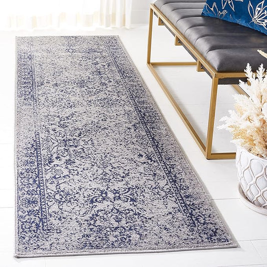 SAFAVIEH Adirondack Collection Runner Rug - 2'6" x 10', Grey & Navy, Distressed Vintage Floral Design, Non-Shedding & Easy to Clean, Ideal for Hallway, Foyer, Entryway, Bedroom (ADR109P)