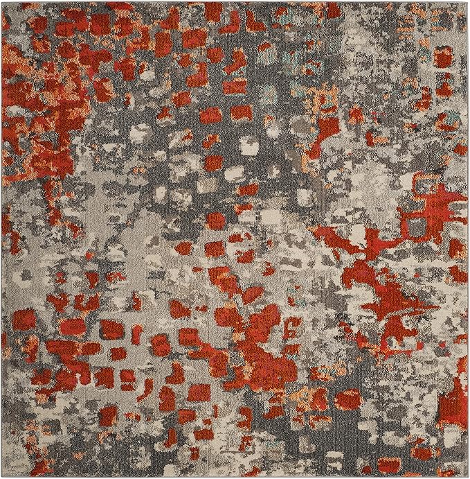 SAFAVIEH Monaco Collection Area Rug - 6'7" Square, Grey & Orange, Boho Chic Abstract Watercolor Design, Non-Shedding & Easy Care, Ideal for High Traffic Areas in Living Room, Bedroom (MNC225H)