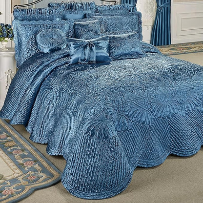 Touch of Class Portia Luxury Bedding | Sapphire | Quilted Polyester Satin | Romantic Hand Guided Machine Quilted Scroll Design 7 Piece Set with King Bedspread, 2 King Shams, 4 Pillows