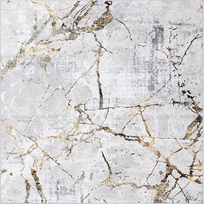 SAFAVIEH Amelia Collection Area Rug - 6'7" Square, Grey & Gold, Modern Abstract Design, Non-Shedding & Easy Care, Ideal for High Traffic Areas in Living Room, Bedroom (ALA293G)