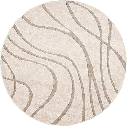 SAFAVIEH Florida Shag Collection 6'7" Round Cream/Beige SG471 Abstract Wave Non-Shedding Living Room Bedroom Dining Room Entryway Plush 1.2-inch Thick Area Rug