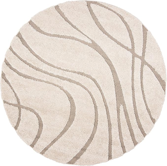 SAFAVIEH Florida Shag Collection 4' Round Cream/Beige SG471 Abstract Wave Non-Shedding Living Room Bedroom Dining Room Entryway Plush 1.2-inch Thick Area Rug