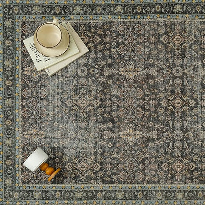 Area Rug 5x7 Black Washable Vintage Living Room Carpetb Traditional Distressed Bedroom Indoor Soft Non Slip Large Rug Retro Thin Low Pile Floor Cover for Office Dining Room