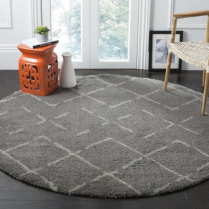 SAFAVIEH Arizona Shag Collection 6'7" Round Grey/Ivory ASG743D Moroccan Diamond Non-Shedding Living Room Bedroom Dining Room Entryway Plush 1.6-inch Thick Area Rug
