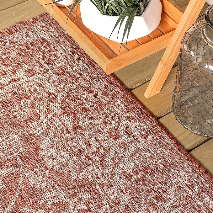 JONATHAN Y Weave Floral Indoor Outdoor Square Area Rug 9X9 Red/Taupe, Tela Bohemian Textured for Backyard, Patio, Porch, Easy-Cleaning, High Traffic, Pet-Friendly, Non-Shedding (SMB100A-9SQ)