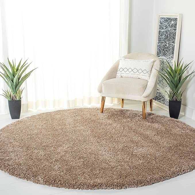 SAFAVIEH Milan Shag Collection 7' Round Dark Beige SG180 Solid Non-Shedding Living Room Bedroom Dining Room Entryway Plush 2-inch Thick Area Rug
