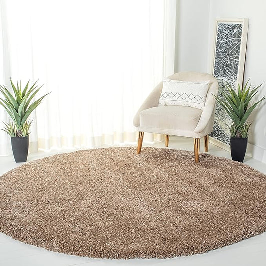 SAFAVIEH Milan Shag Collection Area Rug - 8' Round, Dark Beige, Solid Design, Plush 1.8-inch Thick, Non-Shedding, Ideal for High Traffic Areas in Living Room, Bedroom, Dining Room (SG180-1414-8R)