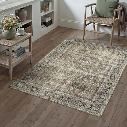 Vintage Area Rug 4x6 Brown Entryway Office Washable Carpet Non Slip Bedroom Indoor Living Room Door Mat Low Pile Traditional Distressed Retro Accent Rug for Dining Room Bathroom Kitchen