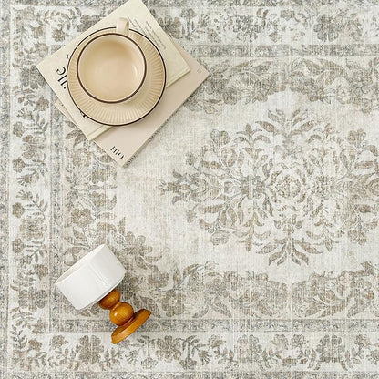 2x6 Runner Rug Beige Washable Hallway Kitchen Bedroom Vintage Distressed Bathroom Non Slip Medallion Floral Carpet Indoor Retro Throw Floor Mat for Office Dining Laundry Living Room