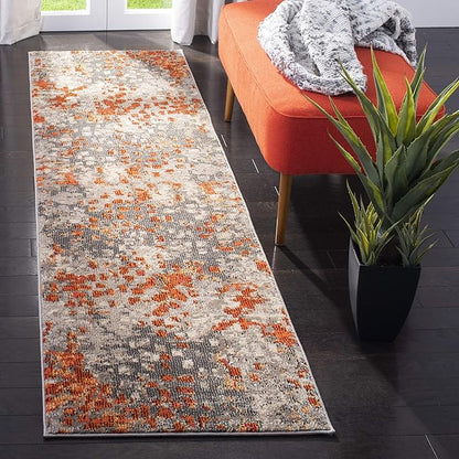 SAFAVIEH Monaco Collection Runner Rug - 2'2" x 12', Grey & Orange, Boho Chic Abstract Watercolor Design, Non-Shedding & Easy Care, Ideal for High Traffic Areas in Living Room, Bedroom (MNC225H)