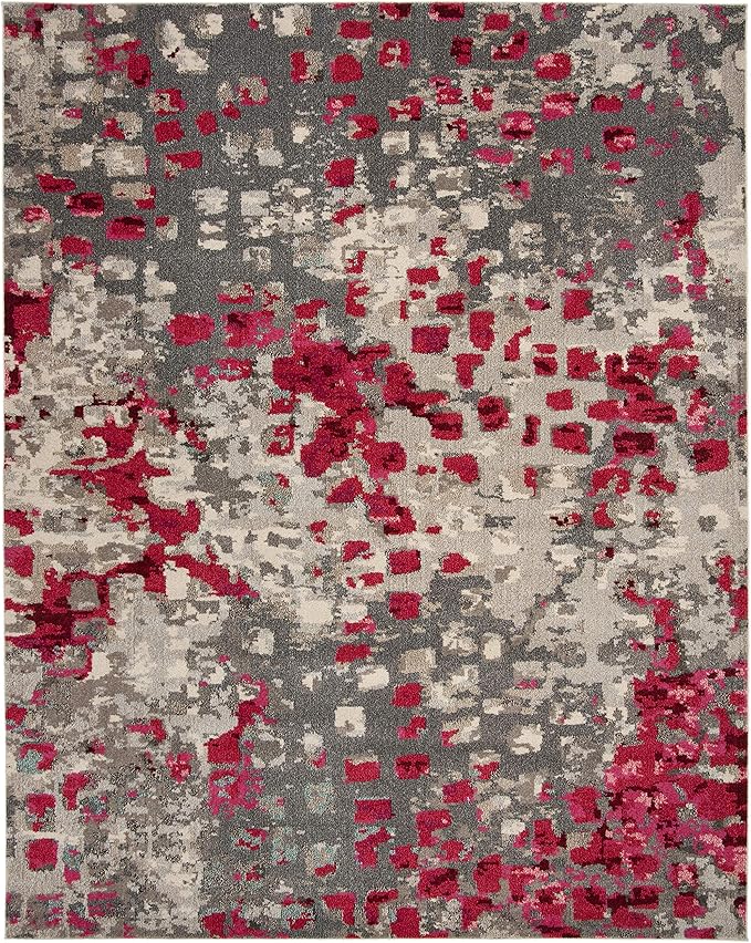 SAFAVIEH Monaco Collection 9' x 12' GreyFuchsia MNC225R Boho Chic Abstract Watercolor Non-Shedding Living Room Bedroom Dining Home Office Area Rug