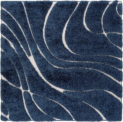 SAFAVIEH Florida Shag Collection Area Rug - 4' Square, Navy & Ivory, Non-Shedding & Easy Cleaning, Plush Thick Pile, Ideal for Living Room, Bedroom, Dining Space (SG471-6512)
