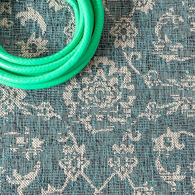 JONATHAN Y Weave Floral Indoor Outdoor Square Area Rug 4X4 Teal/Gray, Tela Bohemian Textured for Backyard, Patio, Porch, Easy-Cleaning, High Traffic, Pet-Friendly, Non-Shedding (SMB100C-4SQ)