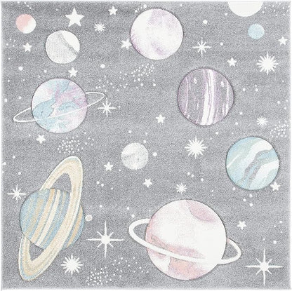 SAFAVIEH Carousel Kids Collection Area Rug - 5'3" Square, Grey & Lavender, Non-Shedding & Easy Care, Ideal for High Traffic Areas for Boys & Girls in Playroom, Nursery, Bedroom (CRK103F)
