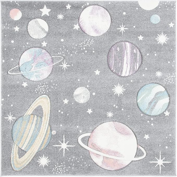 SAFAVIEH Carousel Kids Collection Area Rug - 3' Square, Grey & Lavender, Non-Shedding & Easy Care, Ideal for High Traffic Areas for Boys & Girls in Playroom, Nursery, Bedroom (CRK103F)