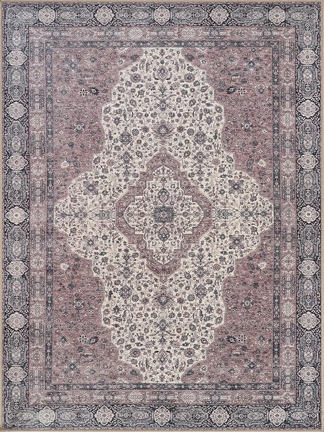 Bloom Rugs Washable Non-Slip 5' x 7' Rug - Cream/Green Traditional Medallion Area Rug for Living Room, Bedroom, Dining Room, and Kitchen - Exact Size: 5' x 7'