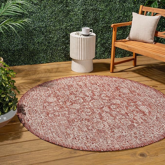 JONATHAN Y Weave Floral Indoor Outdoor Round Area Rug 9 Ft Red/Taupe, Tela Bohemian Textured for Backyard, Patio, Porch, Easy-Cleaning, High Traffic, Pet-Friendly, Non-Shedding (SMB100A-9R)