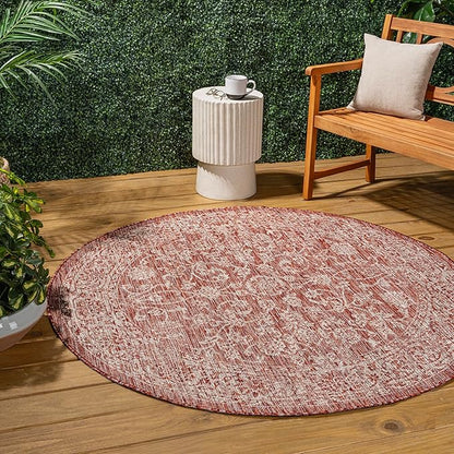JONATHAN Y Weave Floral Indoor Outdoor Round Area Rug 5 Ft Red/Taupe, Tela Bohemian Textured for Backyard, Patio, Porch, Easy-Cleaning, High Traffic, Pet-Friendly, Non-Shedding (SMB100A-5R)