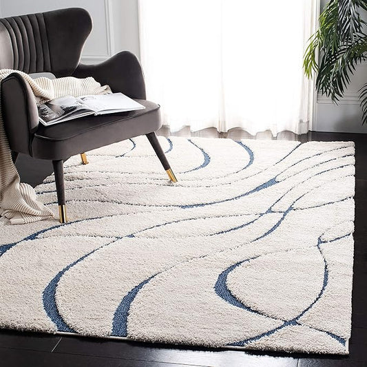 SAFAVIEH Florida Shag Collection Area Rug - 11' Square, Cream & Blue, Non-Shedding & Easy Care, 1.2-inch Thick Ideal for High Traffic Areas in Living Room, Bedroom (SG471-1165)