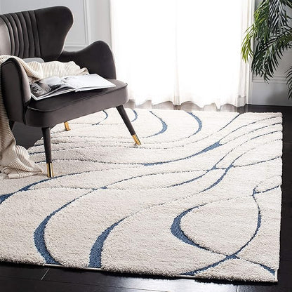 SAFAVIEH Florida Shag Collection Area Rug - 10' Square, Cream & Blue, Non-Shedding & Easy Care, 1.2-inch Thick Ideal for High Traffic Areas in Living Room, Bedroom (SG471-1165)