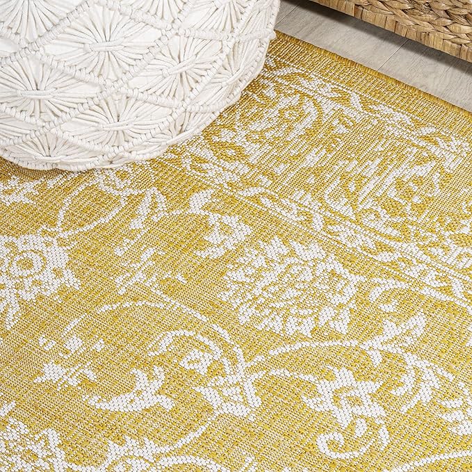 JONATHAN Y Weave Floral Indoor Outdoor Round Area Rug 5 Ft Yellow/Cream, Tela Bohemian Textured for Backyard, Patio, Porch, Easy-Cleaning, High Traffic, Pet-Friendly, Non-Shedding (SMB100E-5R)