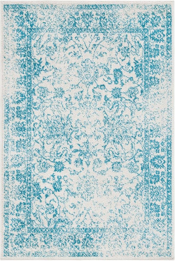 SAFAVIEH Area Rug 6x9 - Adirondack Collection - Ivory & Teal, Distressed Vintage Floral Design, Non-Shedding & Easy to Clean, Ideal for Living Room, Bedroom, Dining Space (ADR109D)