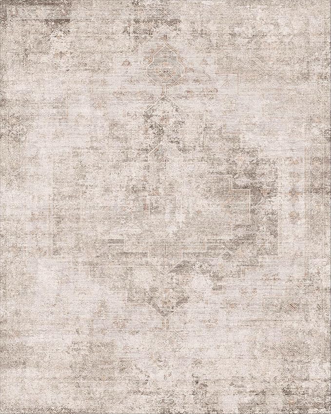 Distressed Farmhouse 5x7 Washable Rug for Living Room, Bedroom, Foyer, Under Dining Table, Neutral Abstract Medallion, Ultra Soft Faux Wool Non Slip Low Pile Stain Resistant, Beige & Brown