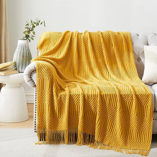 Mustard Yellow Knitted Throw Blankets for Couch, Bedroom and Officeroom,Textured Fade Resistant Soft and Warm Decorative Knitted Blankets with Tassel,50"x60"