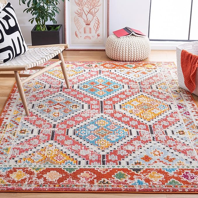 SAFAVIEH Madison Collection Area Rug - 6'7" Square, Rust & Pink, Boho Diamond Distressed Design, Non-Shedding & Easy Care, Ideal for High Traffic Areas in Living Room, Bedroom (MAD418Q)