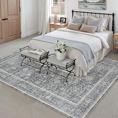 Blue 8x10 Area Rug Non Slip Large Vintage Living Room Distressed Machine Washable Retro Carpet Indoor Bedroom Traditional Floral Accent Throw Rug for Office Kitchen Dorm Dining Room