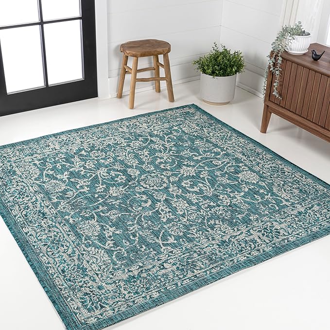 JONATHAN Y Weave Floral Indoor Outdoor Square Area Rug 4X4 Teal/Gray, Tela Bohemian Textured for Backyard, Patio, Porch, Easy-Cleaning, High Traffic, Pet-Friendly, Non-Shedding (SMB100C-4SQ)